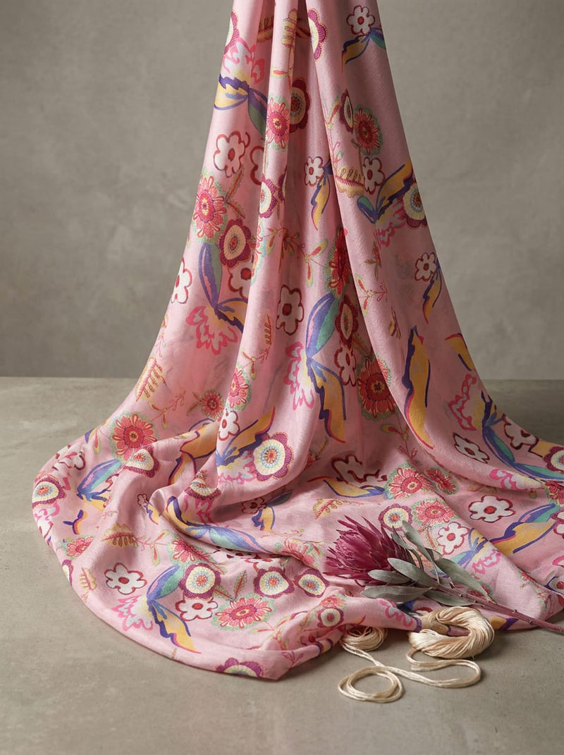 Pink Bohemian Folk Floral and Butterfly Chinon Digital Printed Fabric