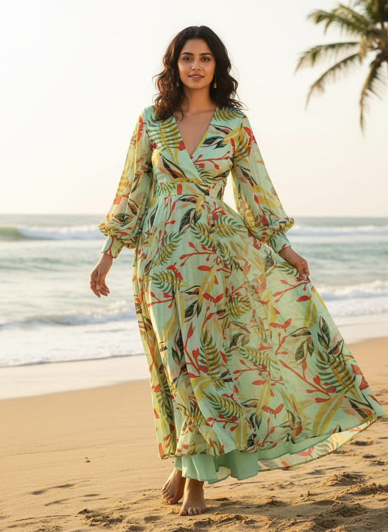Modern Tropical Leaves Print Sea Green Chinon Fabric