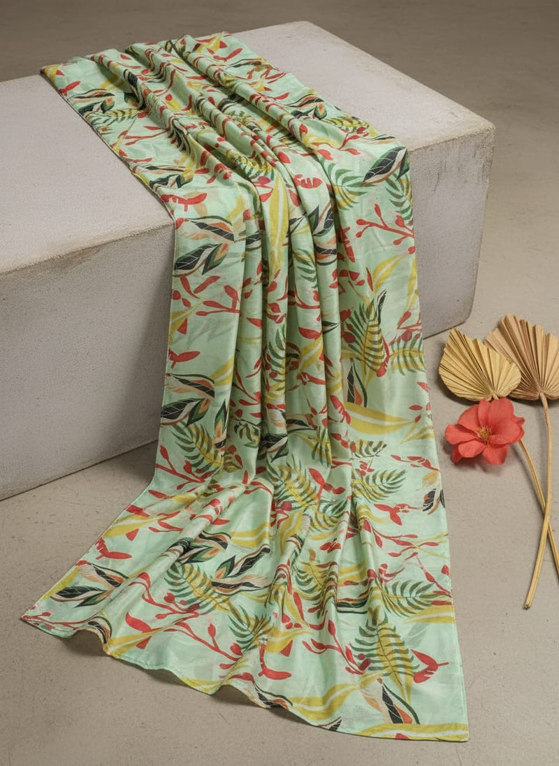 Modern Tropical Leaves Print Sea Green Chinon Fabric