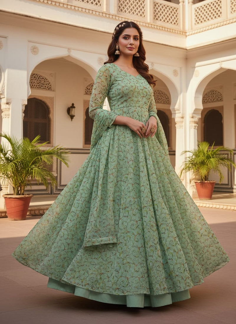 Sea Green & Red Floral Vine Brasso Fabric for Kurtas