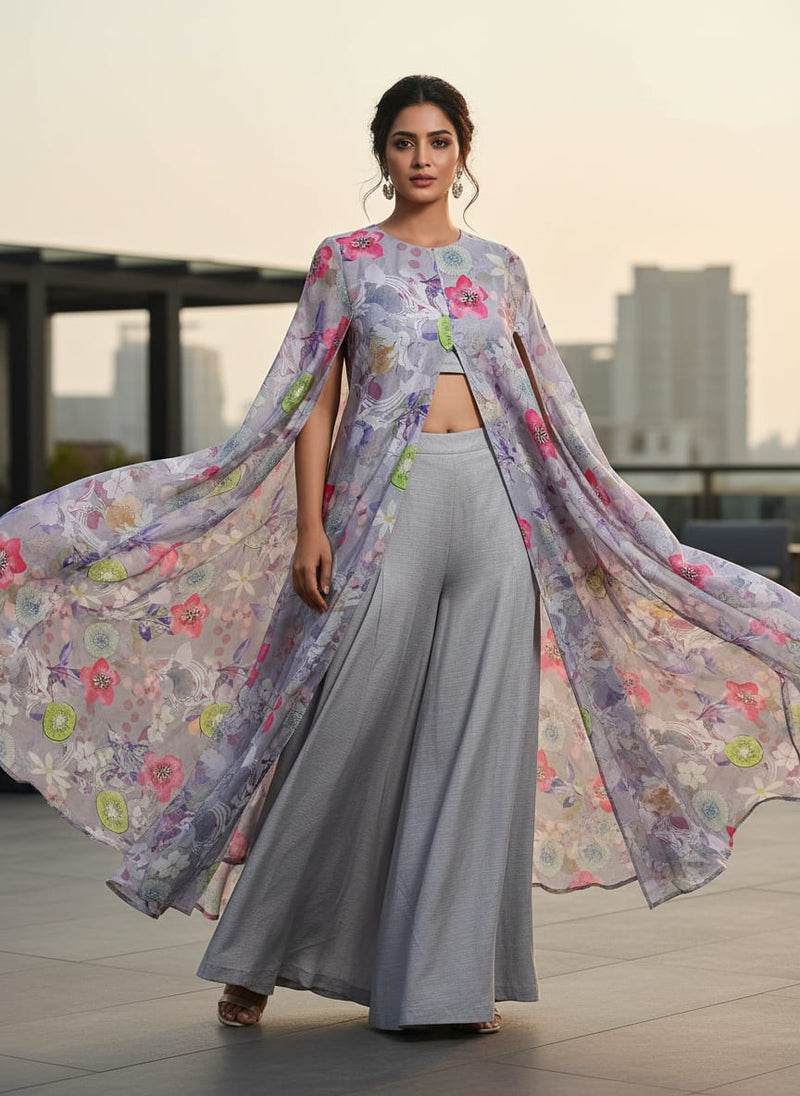 Lavender Floral & Kiwi Print Lustrous Chinon Fabric