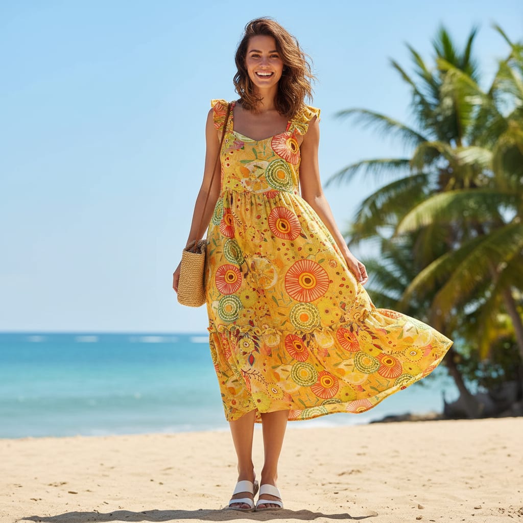 Vibrant Yellow Abstract Floral Design Premium Chinon Fabric