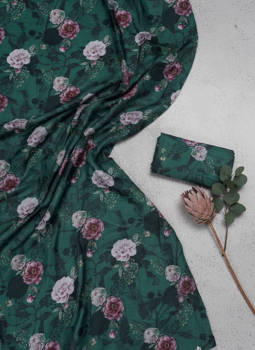 Lush Green & Pink Floral Garden Printed Chinon Fabric
