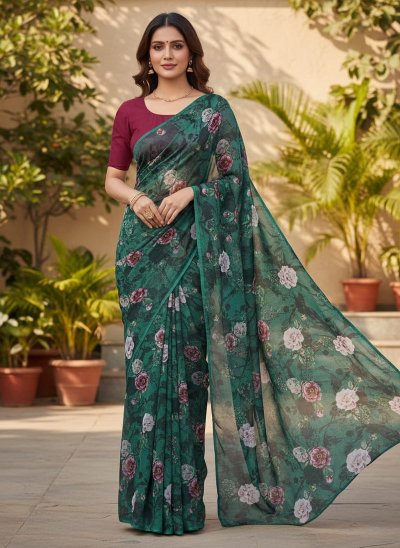 Lush Green & Pink Floral Garden Printed Chinon Fabric