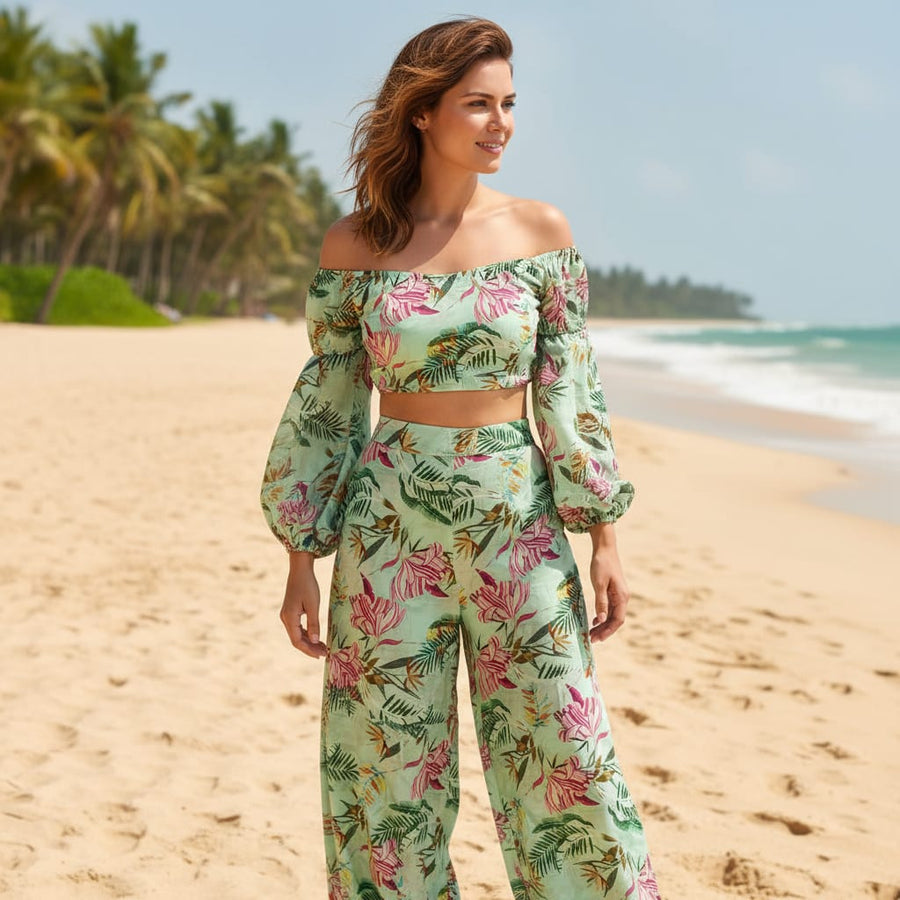 Sea Green Tropical Floral & Leaf Print Chinon Fabric