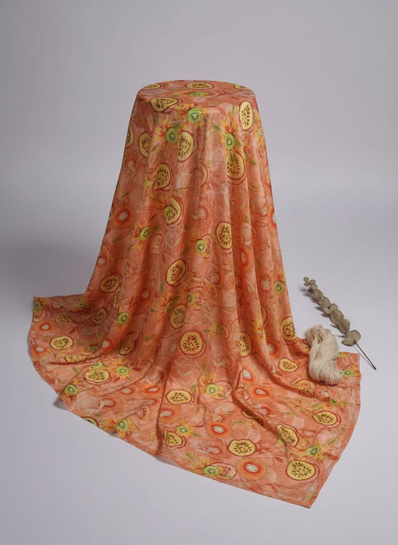 Tropical Kiwi & Passion Fruit Print Peach Chinon Fabric
