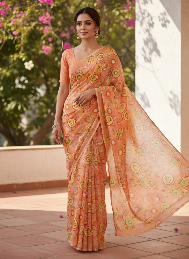 Tropical Kiwi & Passion Fruit Print Peach Chinon Fabric
