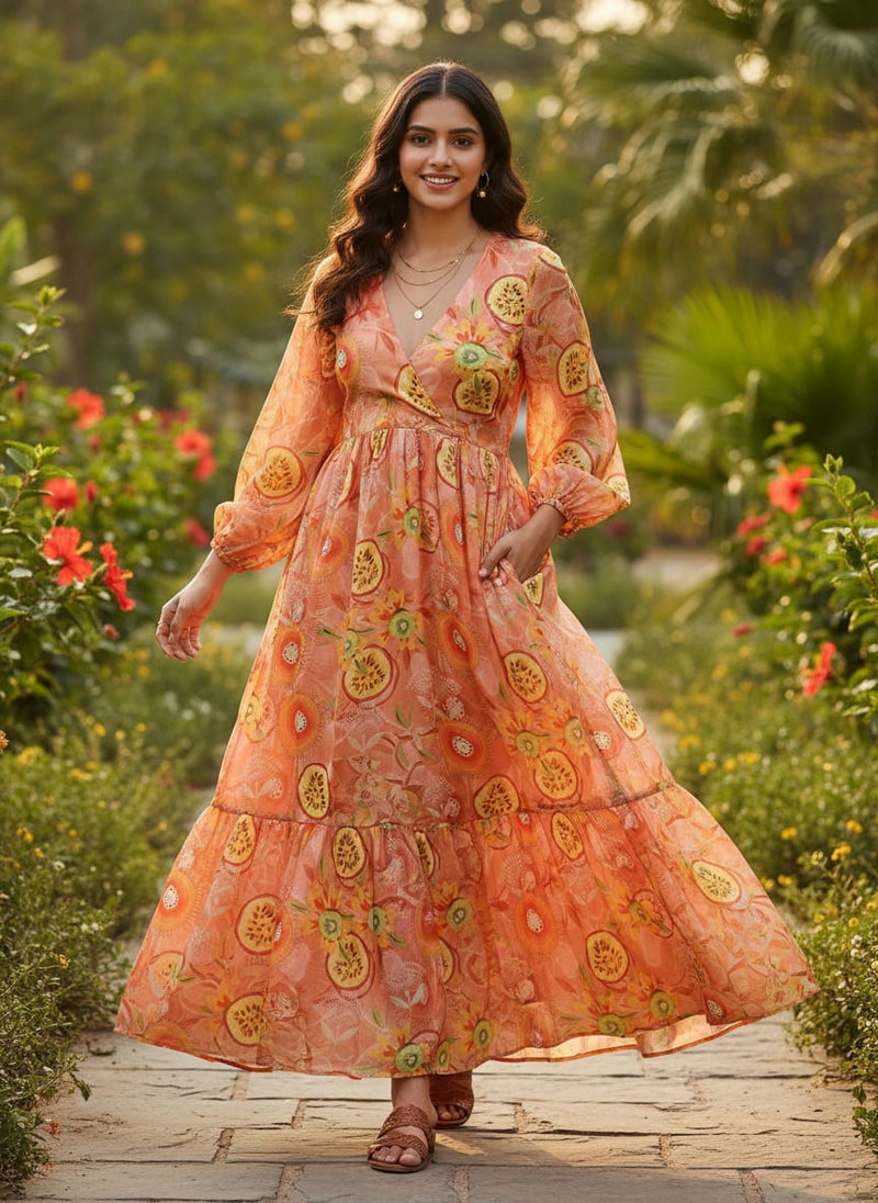 Tropical Kiwi & Passion Fruit Print Peach Chinon Fabric