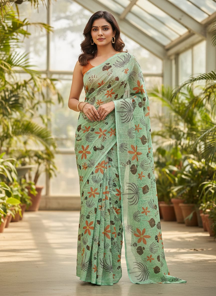 Sea Green & Orange Tropical Floral Print Chinon Fabric