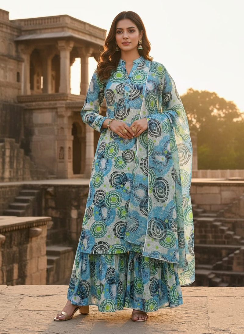 Bohemian Circle Abstract Print Blue & Green Chinon Fabric
