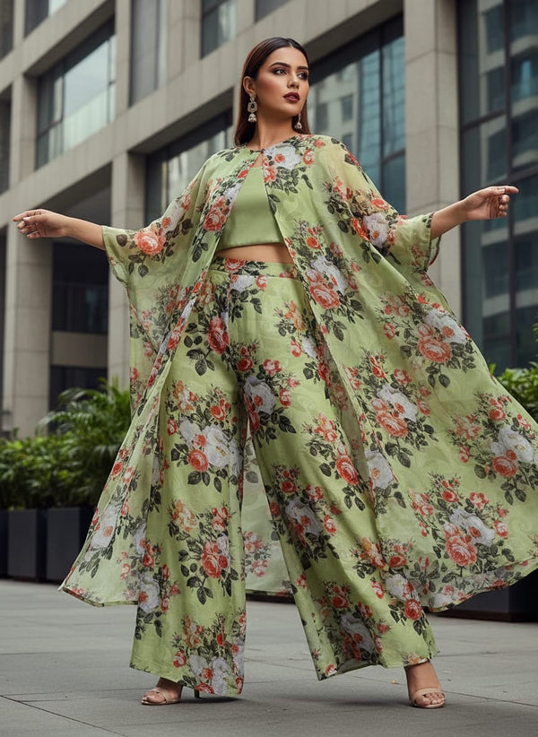 Lime Green Floral and Paisley Print Brasso Fabric - Cape with Palazzo Lookbook - BR-0-TA09049-108 - alternate view