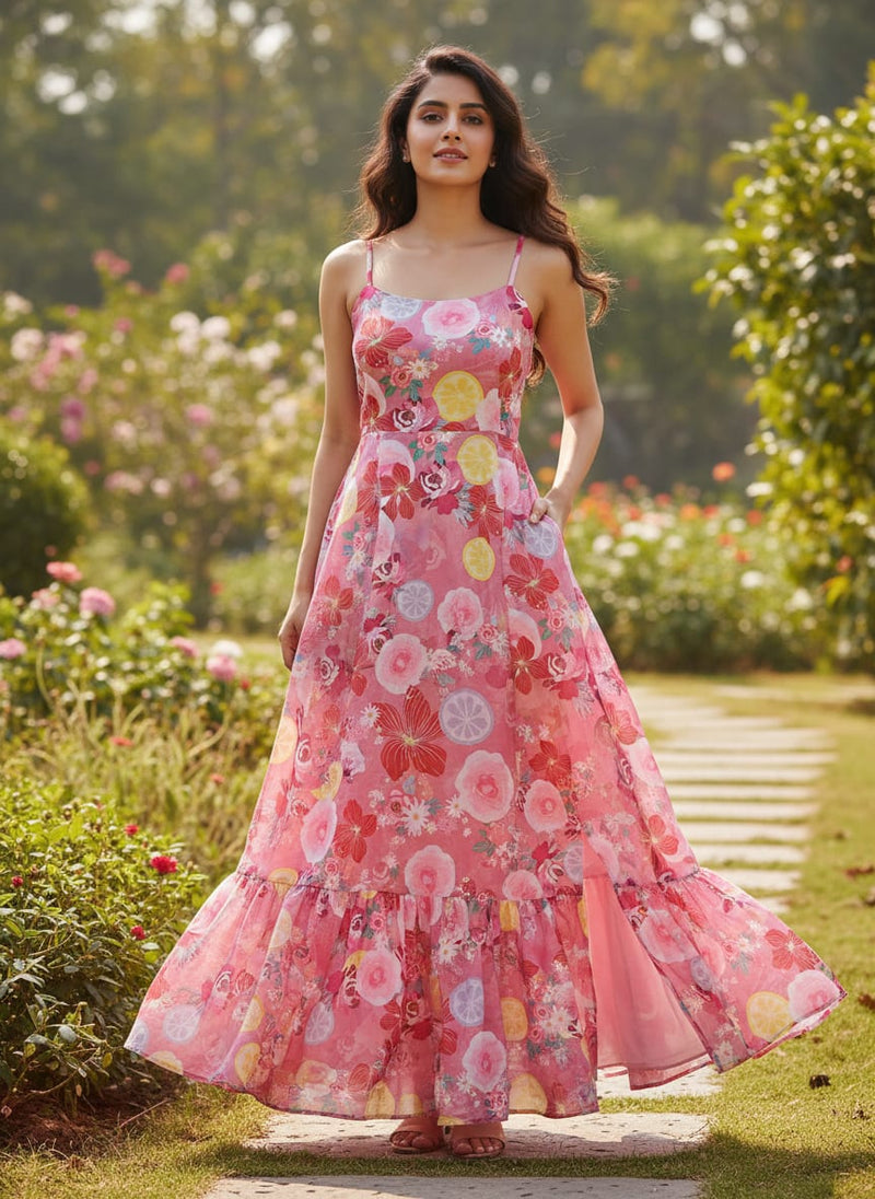 Pink Floral and Lemon Print Shimmery Chinon Fabric