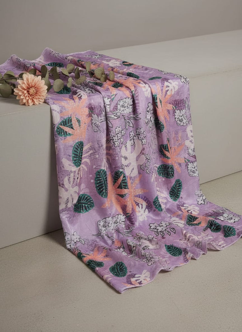 Lavender Tropical Floral and Leafy Print Chinon Fabric