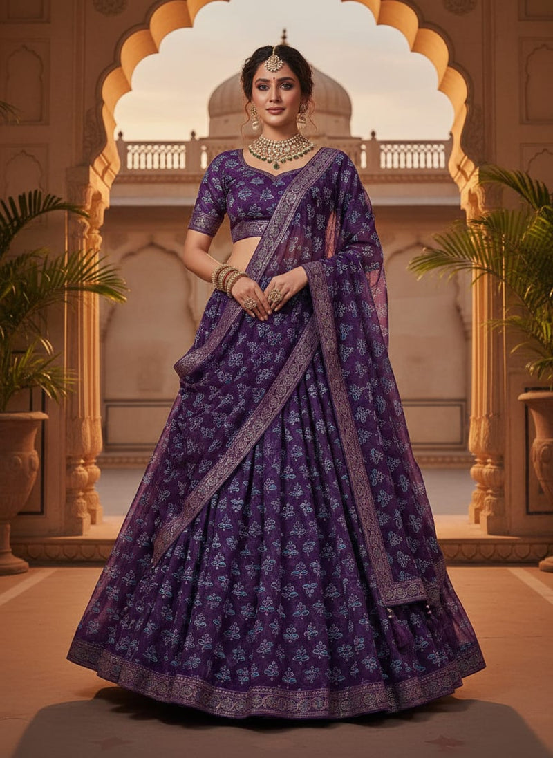 Purple Brasso Fabric with Ditsy Blue Botanical Print