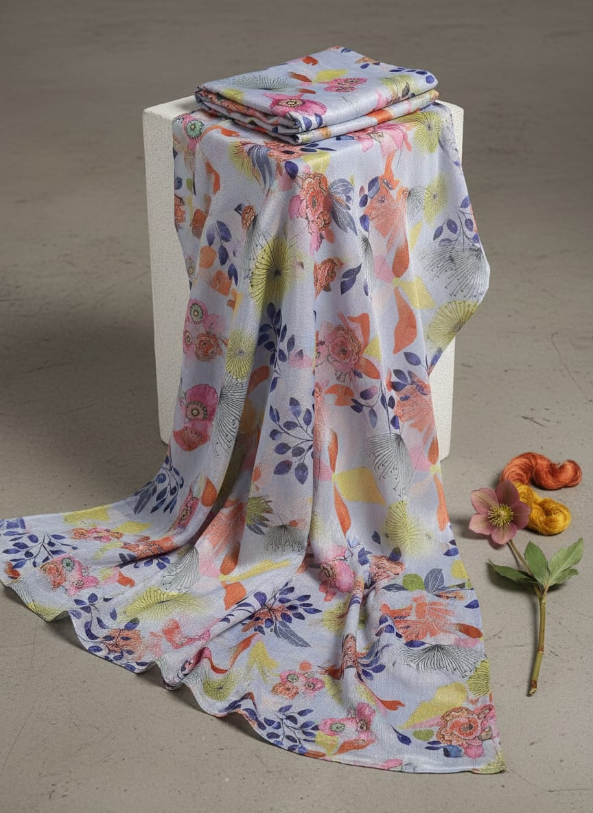 Artistic Floral and Leaf Print on Light Blue Chinon Fabric