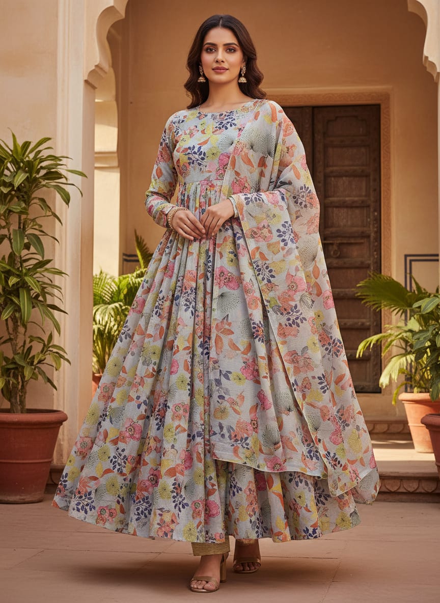 Artistic Floral and Leaf Print on Light Blue Chinon Fabric