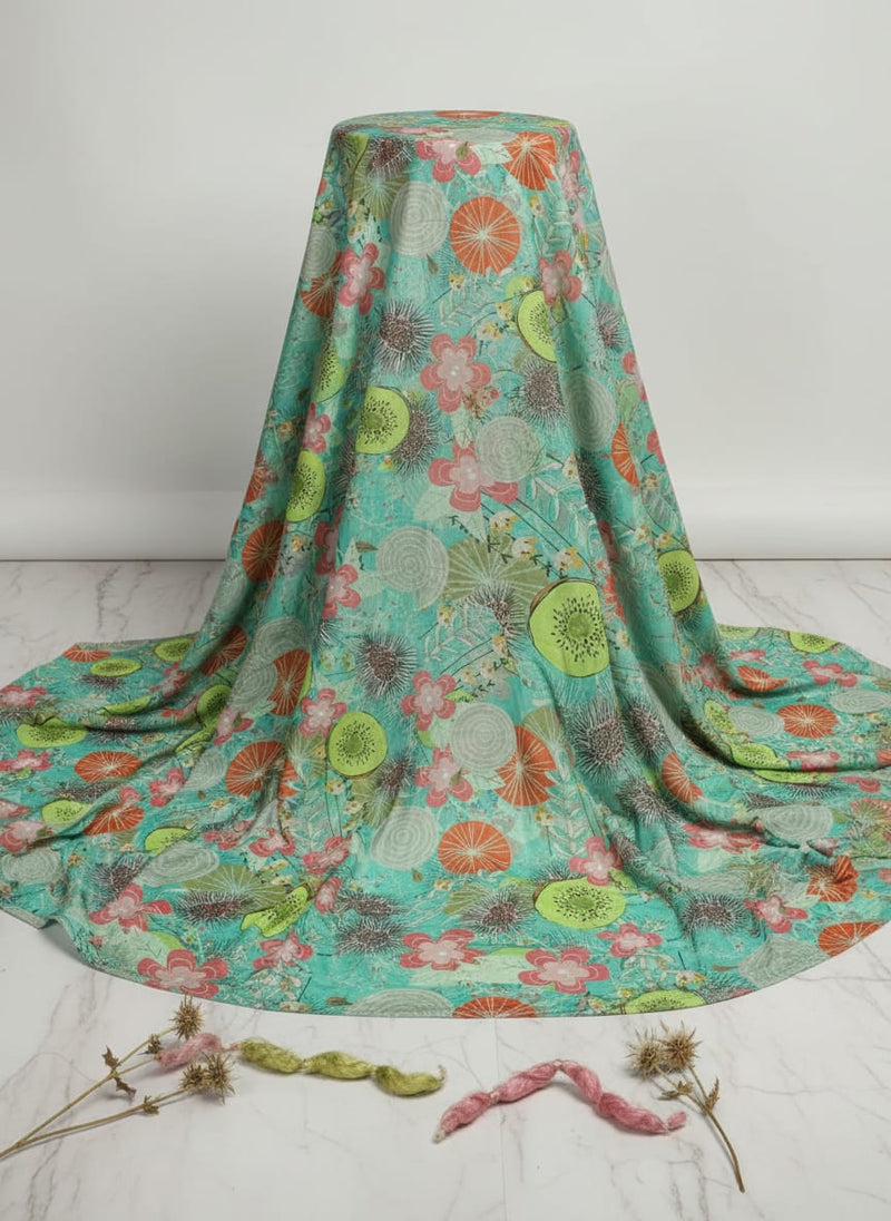 Sea Green Tropical Fruit & Floral Print Chinon Fabric