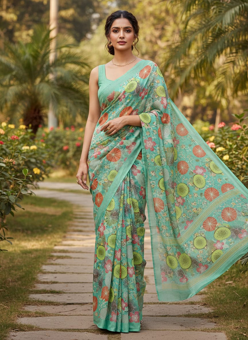 Sea Green Tropical Fruit & Floral Print Chinon Fabric
