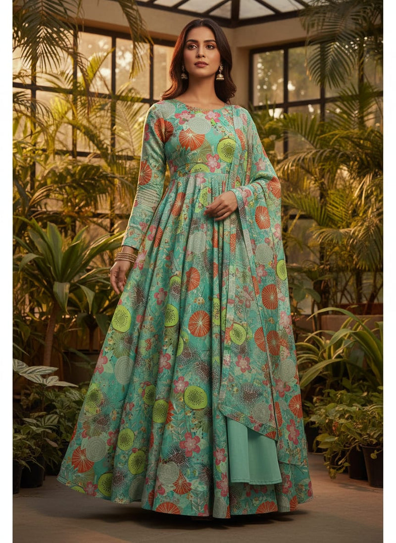 Sea Green Tropical Fruit & Floral Print Chinon Fabric