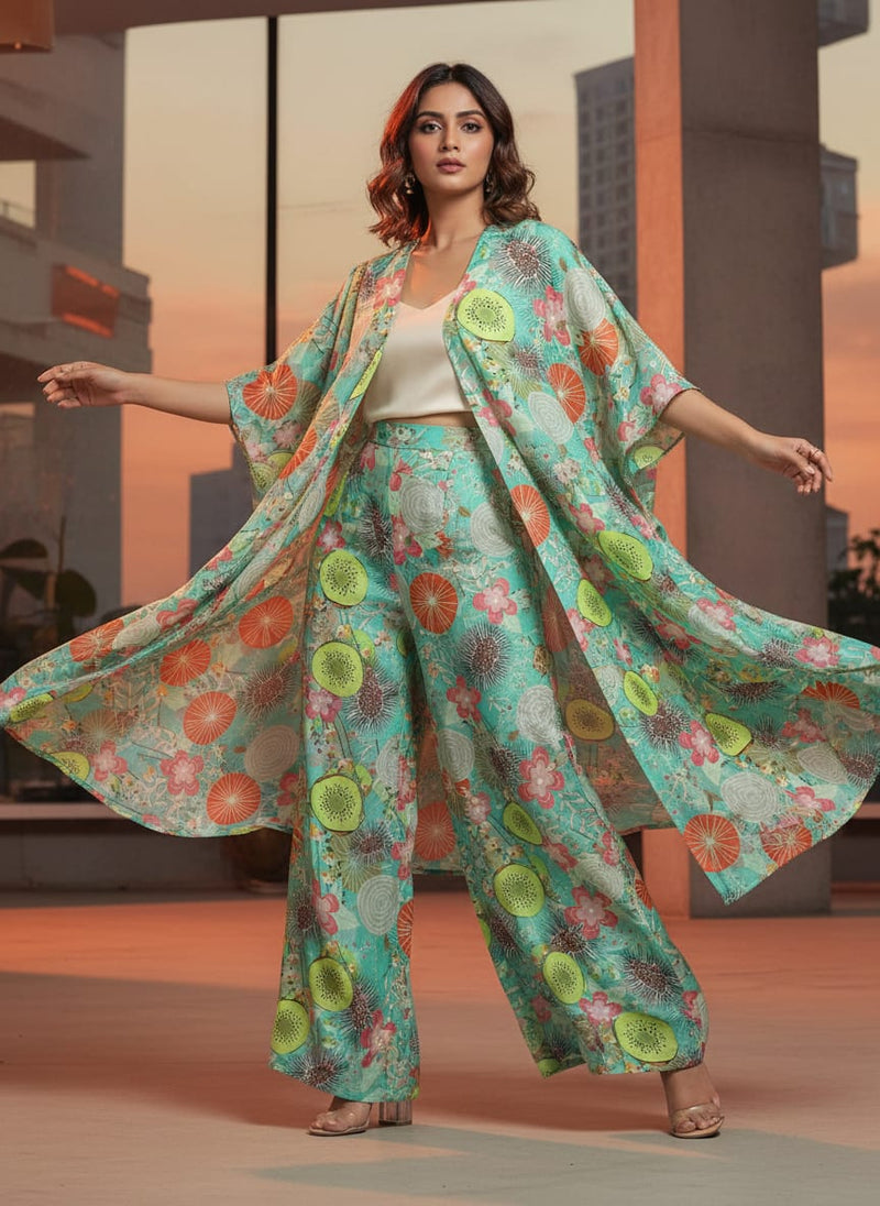 Sea Green Tropical Fruit & Floral Print Chinon Fabric