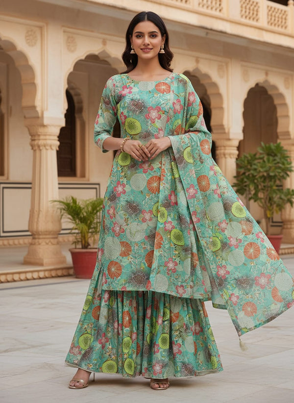 Sea Green Tropical Fruit & Floral Print Chinon Fabric - Sharara Set Lookbook - PLCH-0-PA7210-108 - alternate view