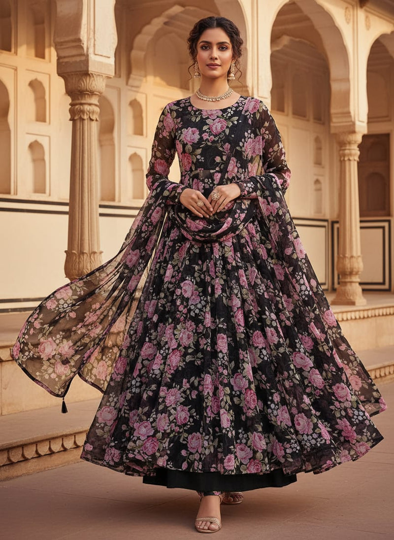 Black Brasso Fabric with Classic Pink Rose Floral Print