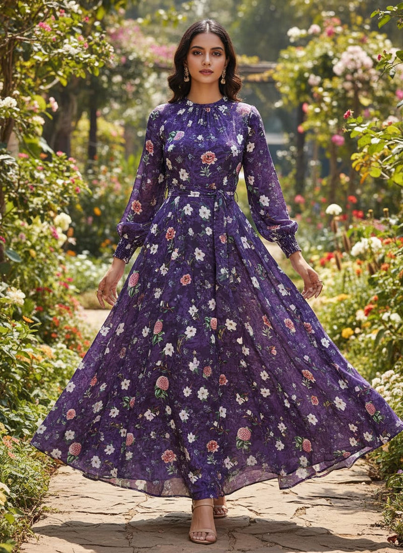 Purple Chinon Fabric with Ditsy & Large Floral Print