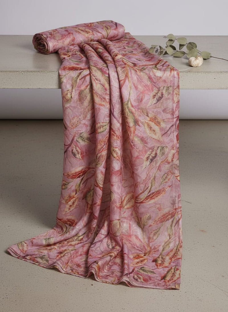 Mauve Autumnal Leaves Digital Print Brasso Fabric