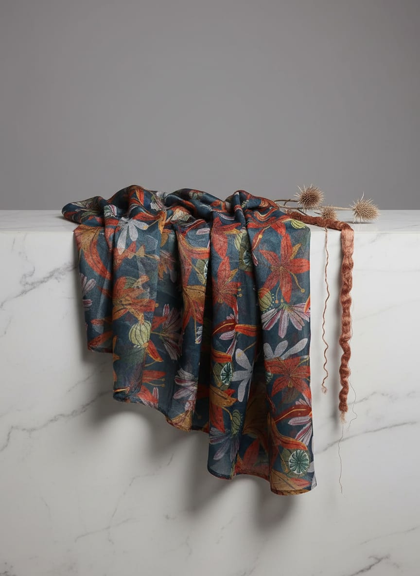 Teal Blue & Orange Autumnal Floral Printed Chinon Fabric