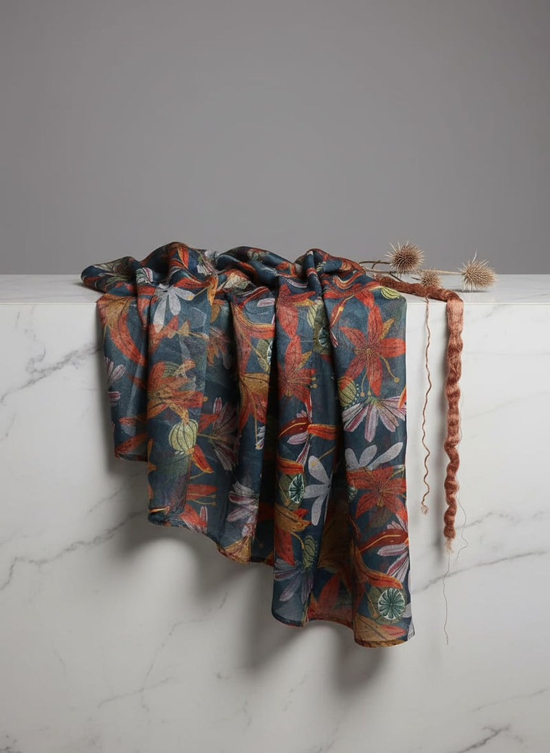 Teal Blue & Orange Autumnal Floral Printed Chinon Fabric