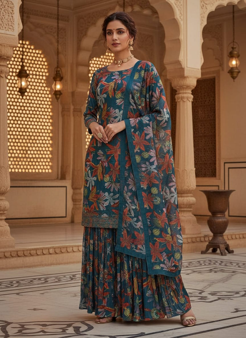 Teal Blue & Orange Autumnal Floral Printed Chinon Fabric
