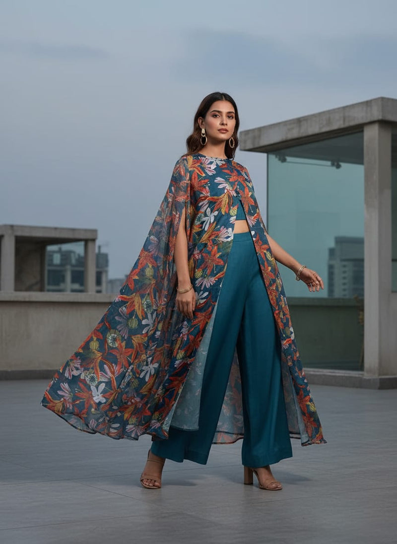 Teal Blue & Orange Autumnal Floral Printed Chinon Fabric