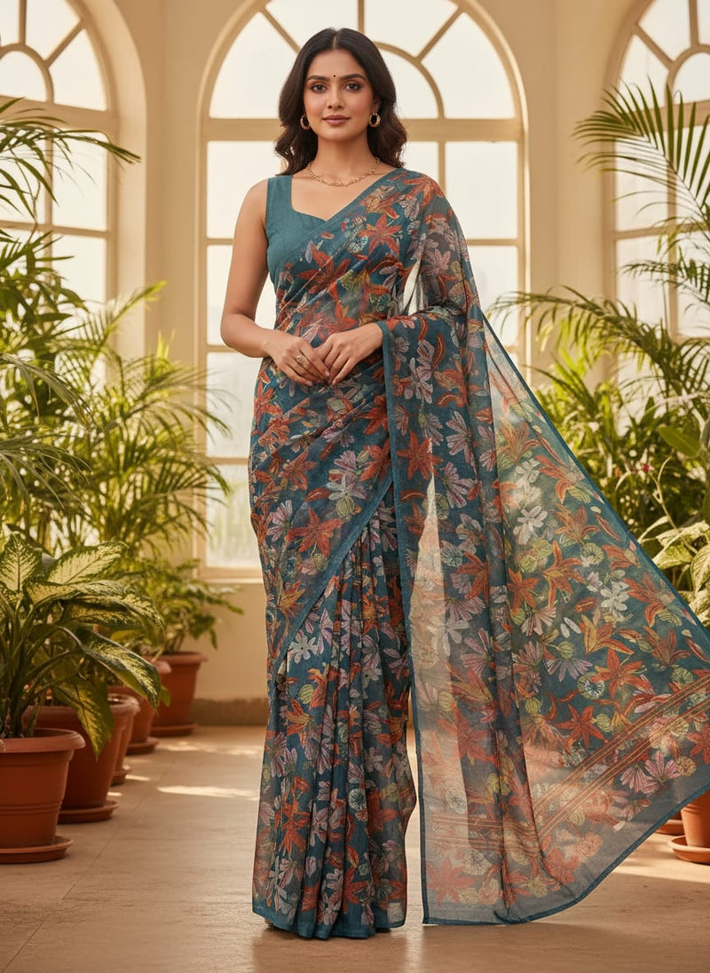 Teal Blue & Orange Autumnal Floral Printed Chinon Fabric