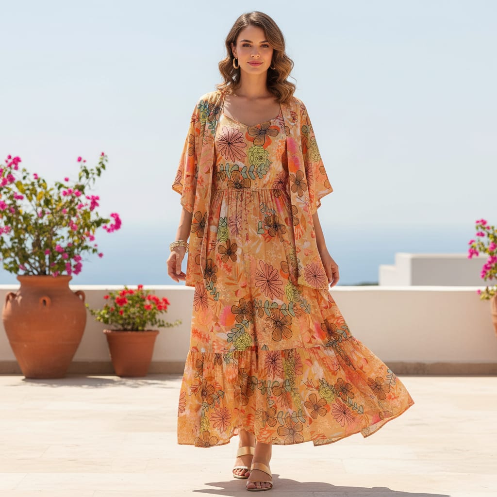 Artistic Bohemian Floral Sketch Print Chinon Fabric