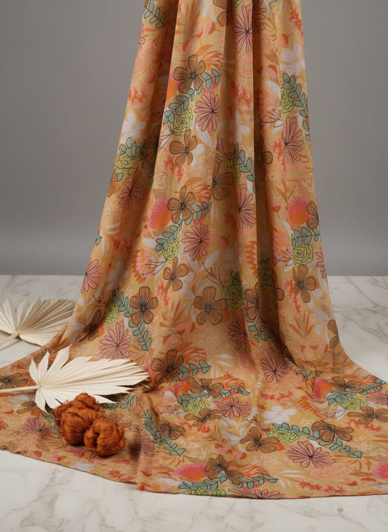 Artistic Bohemian Floral Sketch Print Chinon Fabric