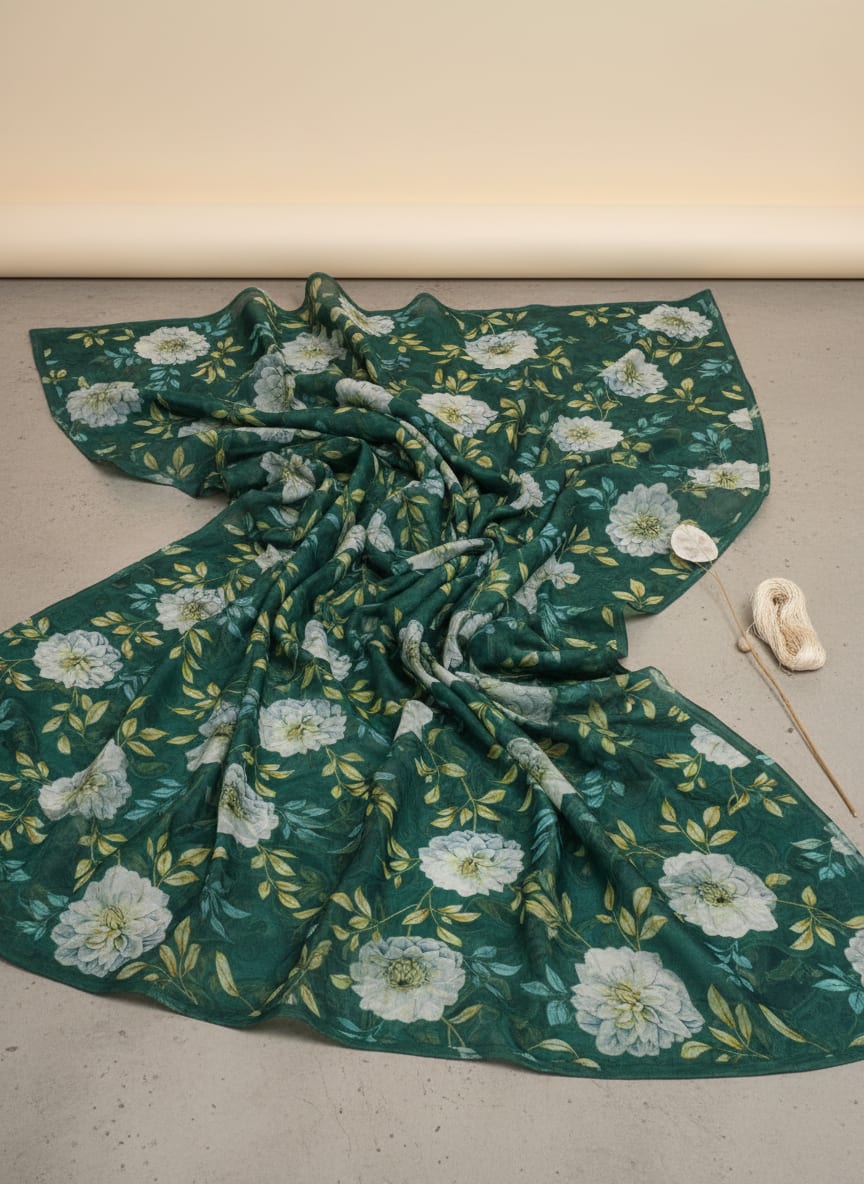 Teal Green & White Floral Garden Print Brasso Fabric