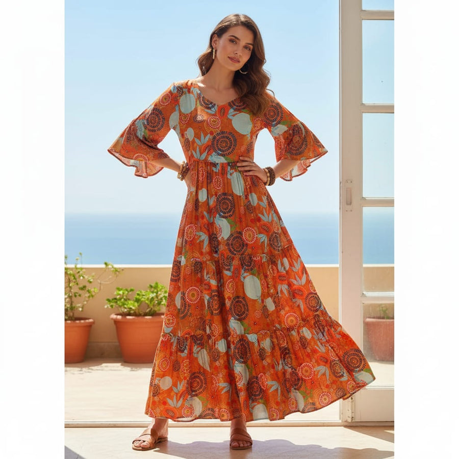 Orange Abstract Floral Shimmer Chinon Fabric