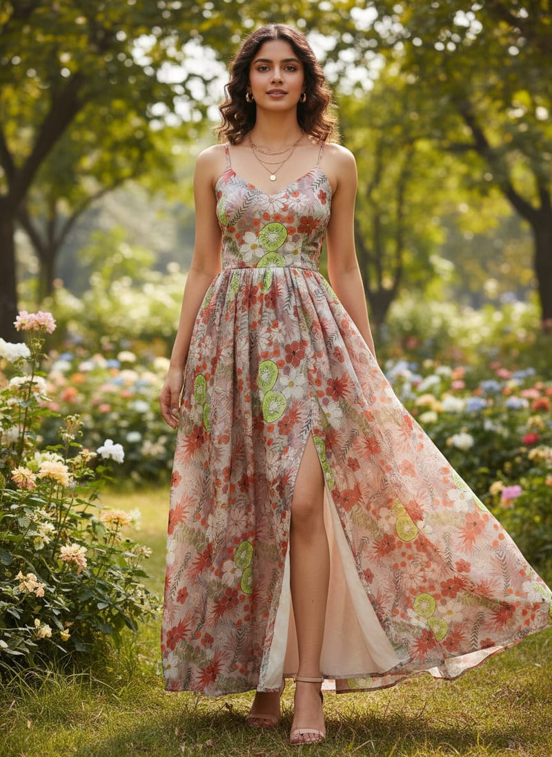 Mauve & Coral Floral and Kiwi Printed Chinon Fabric