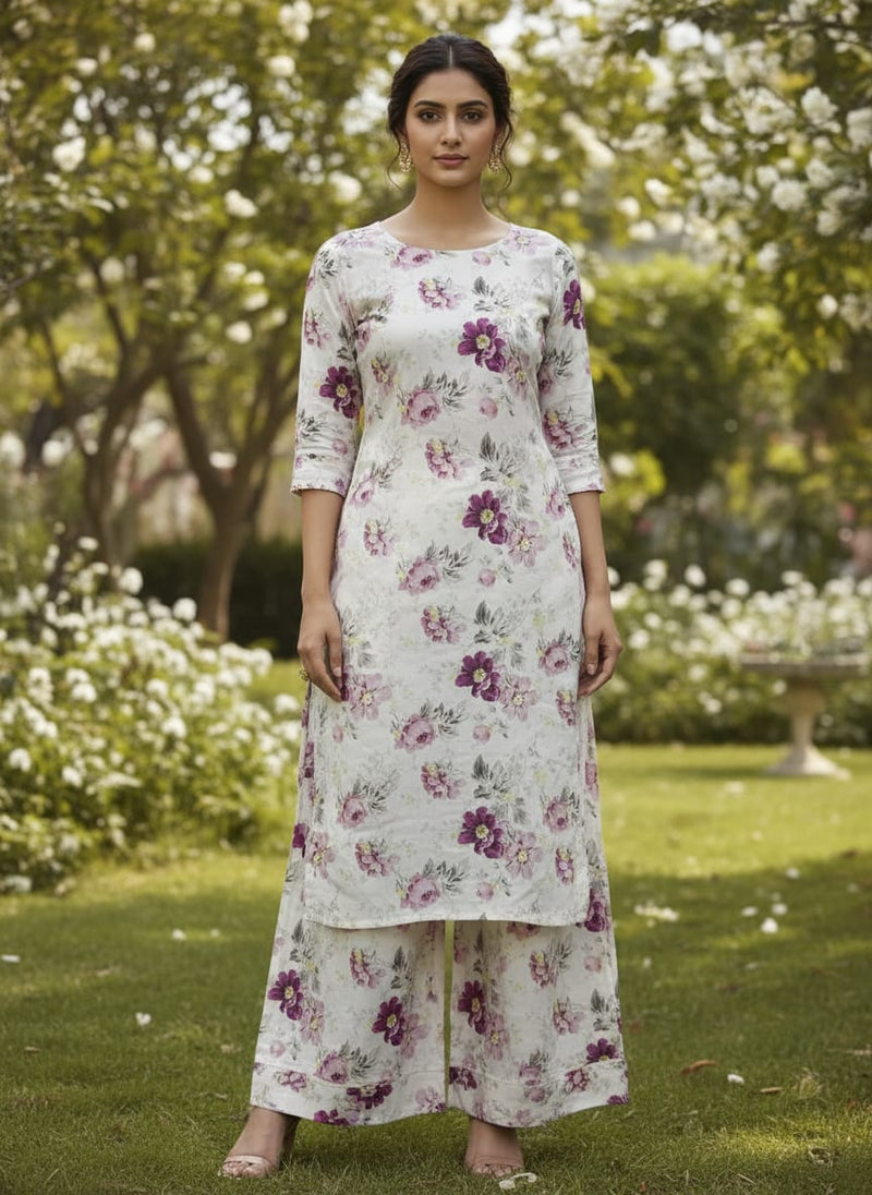 Cream Muslin Fabric with Vintage Wine & Pink Floral Print - Straight Kurta with Palazzo Lookbook - MU-0-TA06820-110