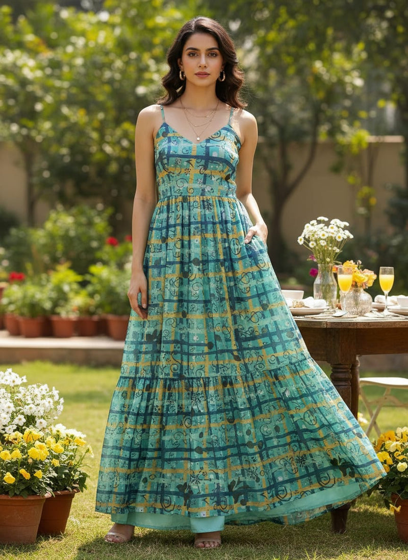 Turquoise & Gold Checkered Quirky Print Chinon Fabric
