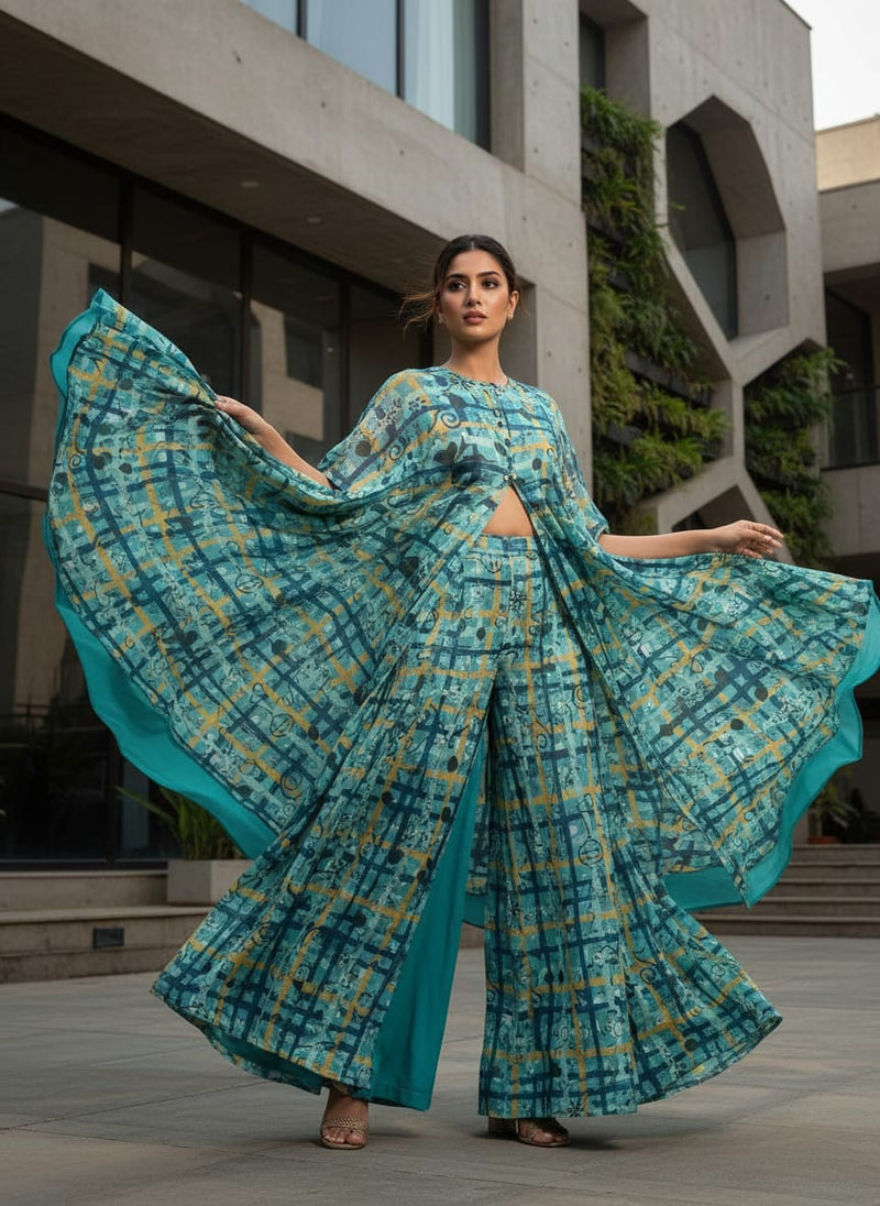 Turquoise & Gold Checkered Quirky Print Chinon Fabric