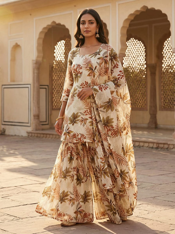 Multicolor Earthy Toned Tropical Botanical Leaf Kota Doria Digital Printed Fabric - Gharara Set Lookbook - KD-0-AA114-110 - alternate view
