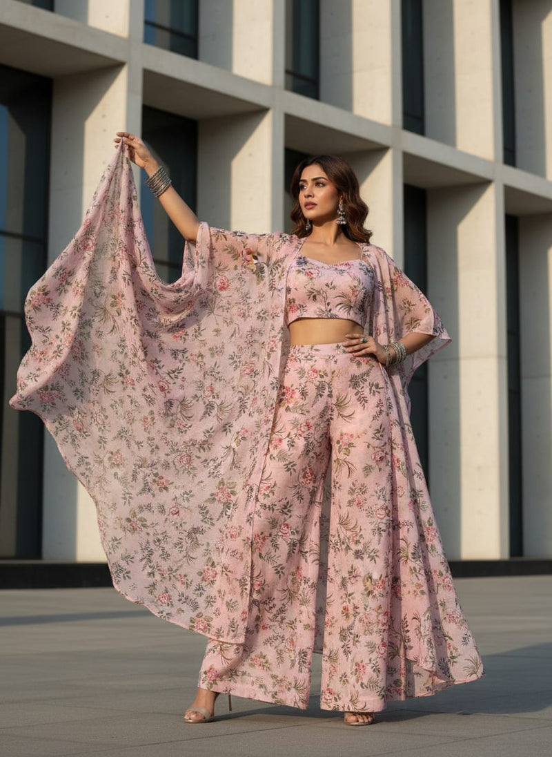 Blush Pink Floral and Leafy Vine Kota Doria Fabric