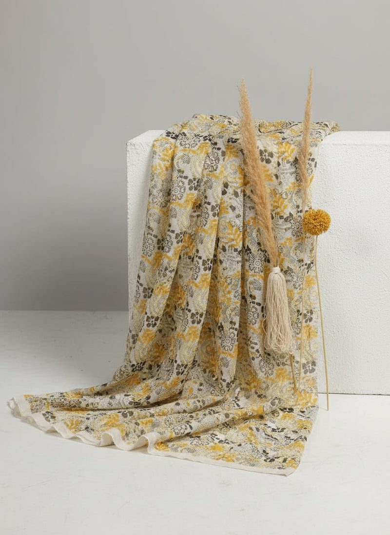 Yellow & Grey Bohemian Floral Print Kota Doria Fabric
