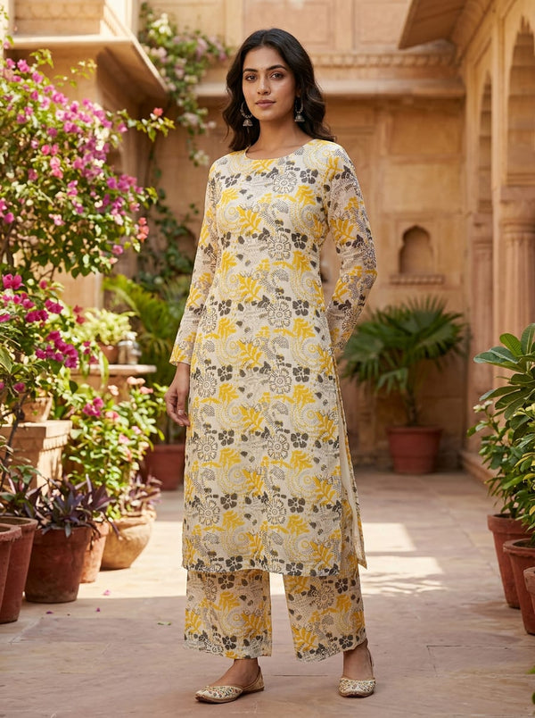 Multicolor Ethnic Floral Block Print Style Kota Doria Digital Printed Fabric - Straight Kurta with Palazzo Lookbook - KD-0-JA000089-110 - alternate view