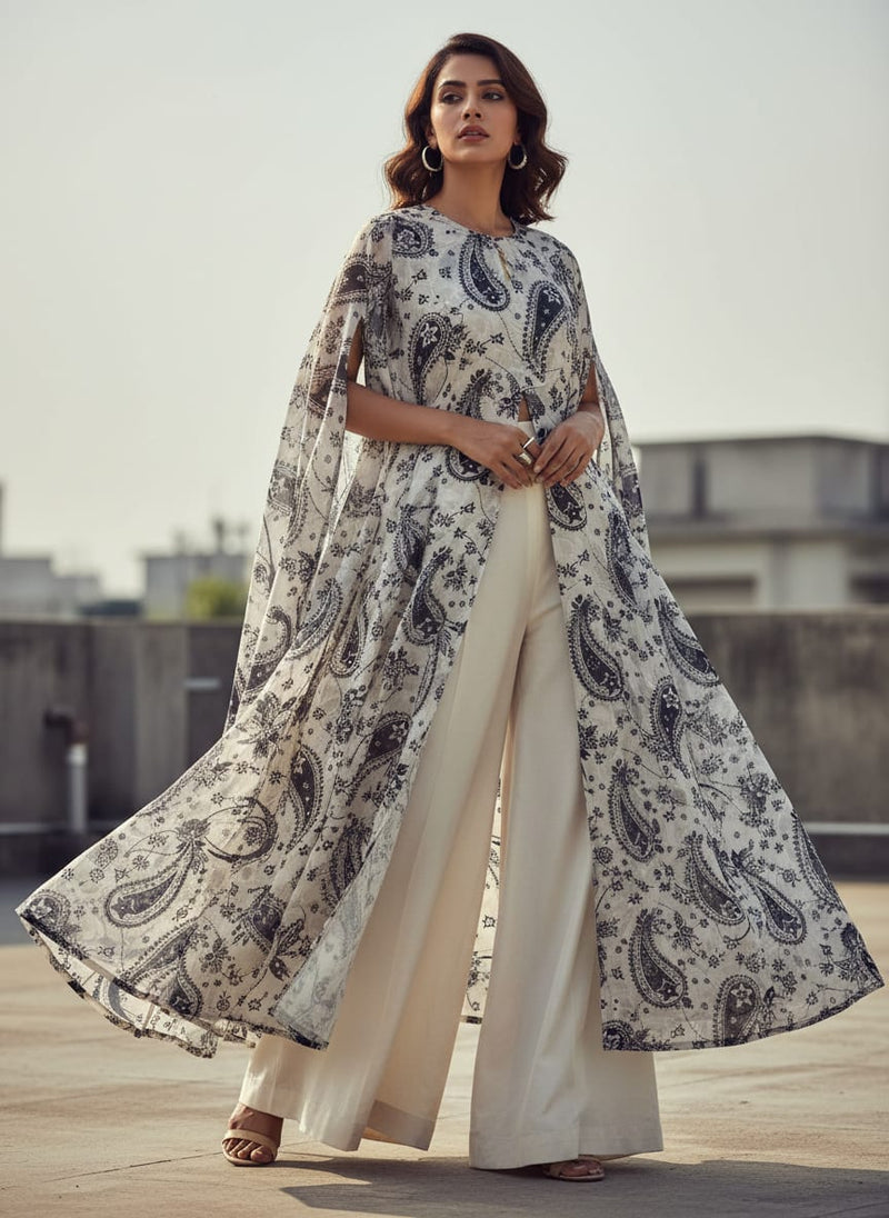 Grey and Navy Blue Paisley Pattern Brasso Fabric
