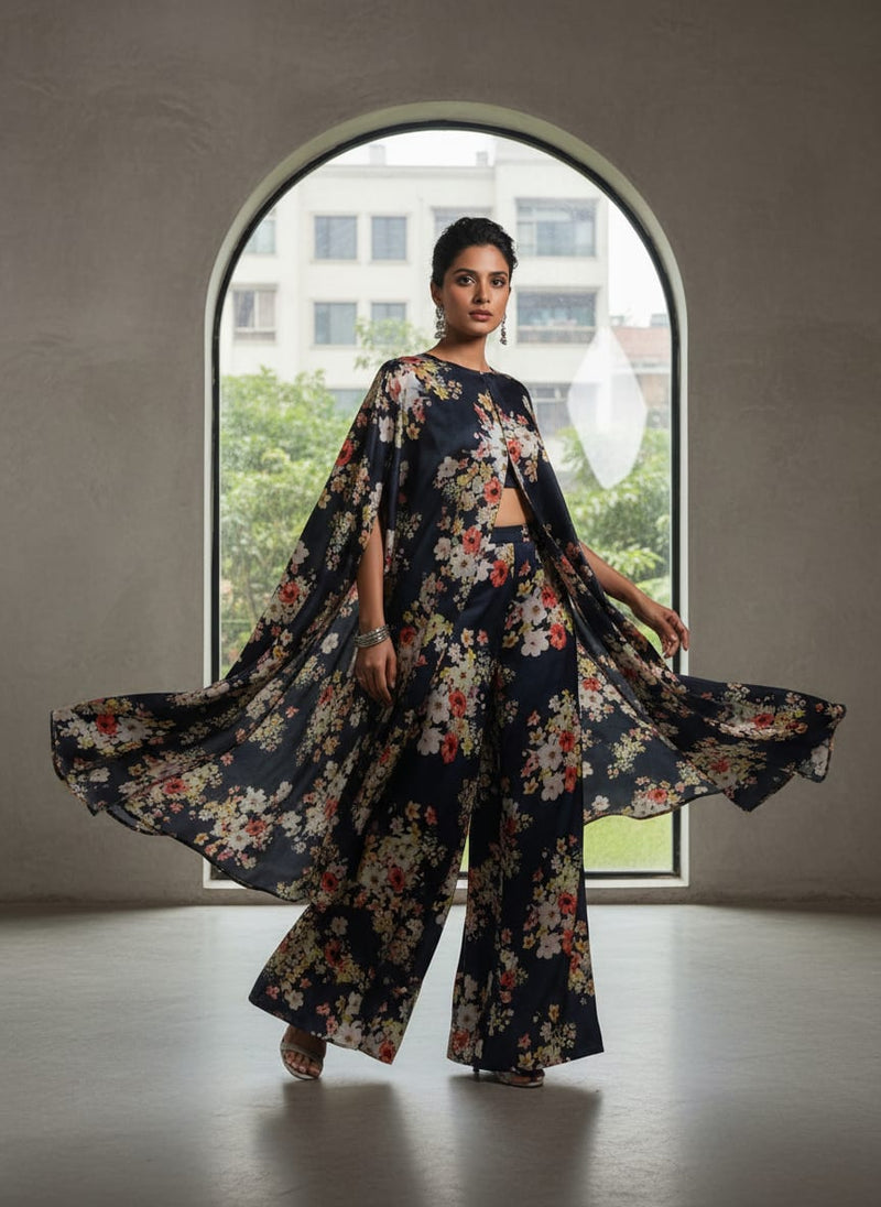 Navy Blue & Multi Colour Floral Bloom Japan Satin Fabric
