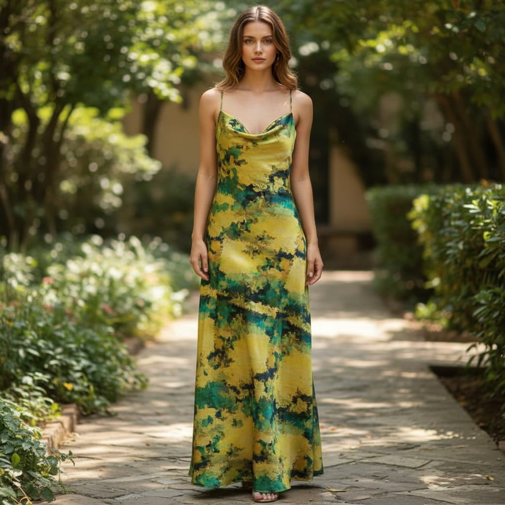 Abstract Green & Yellow Brushstroke Japan Satin Fabric