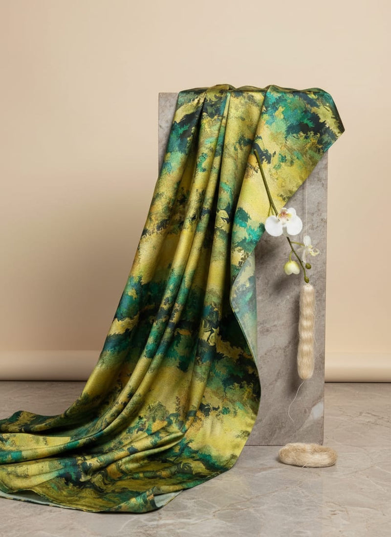 Abstract Green & Yellow Brushstroke Japan Satin Fabric