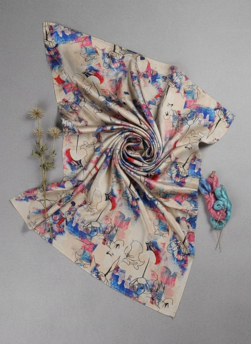 Abstract Floral Sketch Print on Cream Japan Satin Fabric